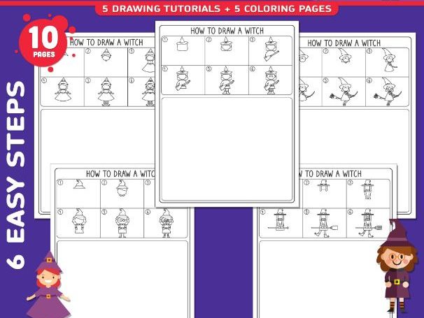 How to Draw a Witch, Halloween Directed Drawing, Step by Step Art Activity