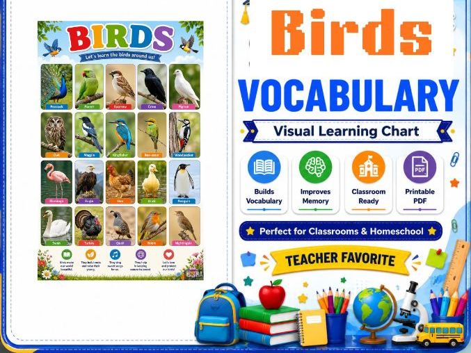 Printable Colorful Bird Names Poster – Educational Bird Identification & English Vocabulary Chart