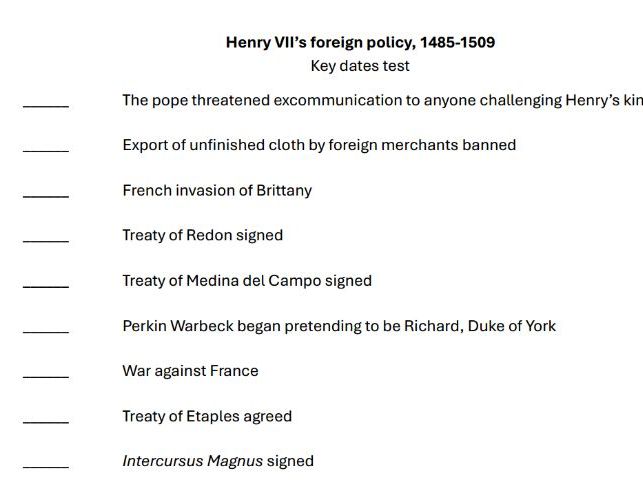 Key dates test - Henry VII’s foreign policy (OCR A-level history Unit Y106)