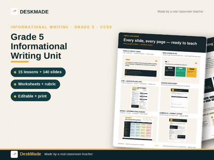 Grade 5 Informational Writing Complete Unit | 15 Lessons + 140 Slides + Worksheets + Rubric