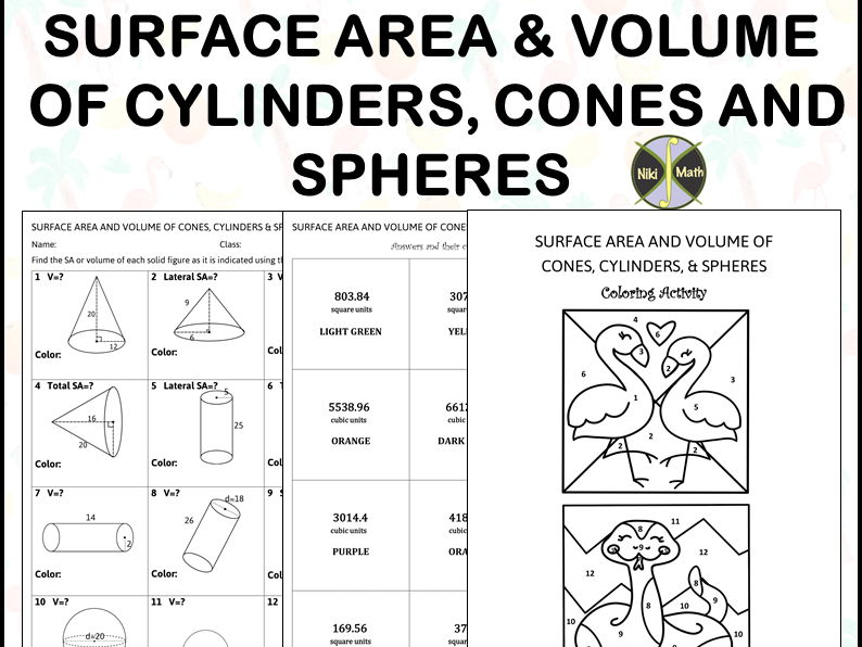 Surface Area & Volume of Cylinders, Cones & Spheres - Color by Code