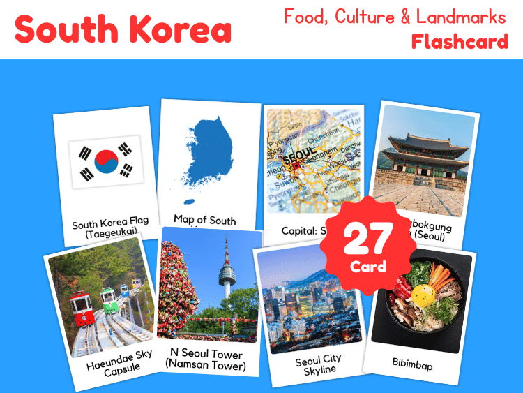South Korea Geography Flashcards | 27 Printable Country Study Cards