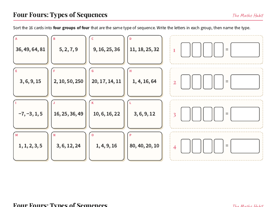 Types of Sequences Four Fours Maths Puzzle