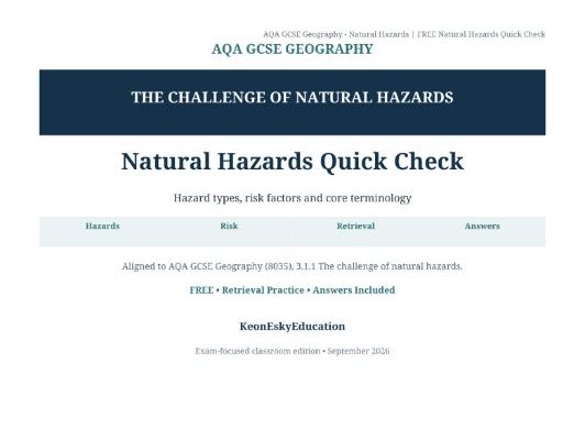 AQA GCSE Geography – The Challenge of Natural Hazards: Natural Hazards Quick Check | FREE