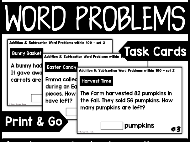 Addition & Subtraction Word Problem Task Cards to 100 - Year 2 Maths | With & Without Regrouping