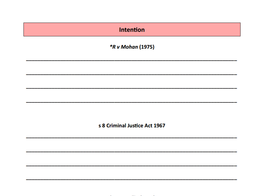Mens rea - cases and statutes worksheets (OCR A-level law)