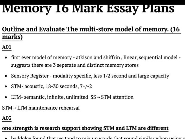 AQA A-Level Psychology A* Memory 16 Mark Essay Plans (Full topic from Past papers)