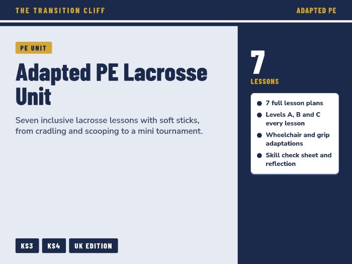 Adapted PE Lacrosse Unit for SEND: 7 Lessons with Levels A, B and C, Soft Sticks (KS3 KS4 UK)