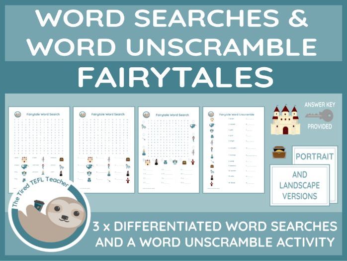 ESL Fairytale Differentiated Word Searches and Word Unscramble