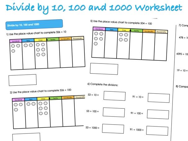 Decimals Worksheet - Divide by 10, 100 and 1000