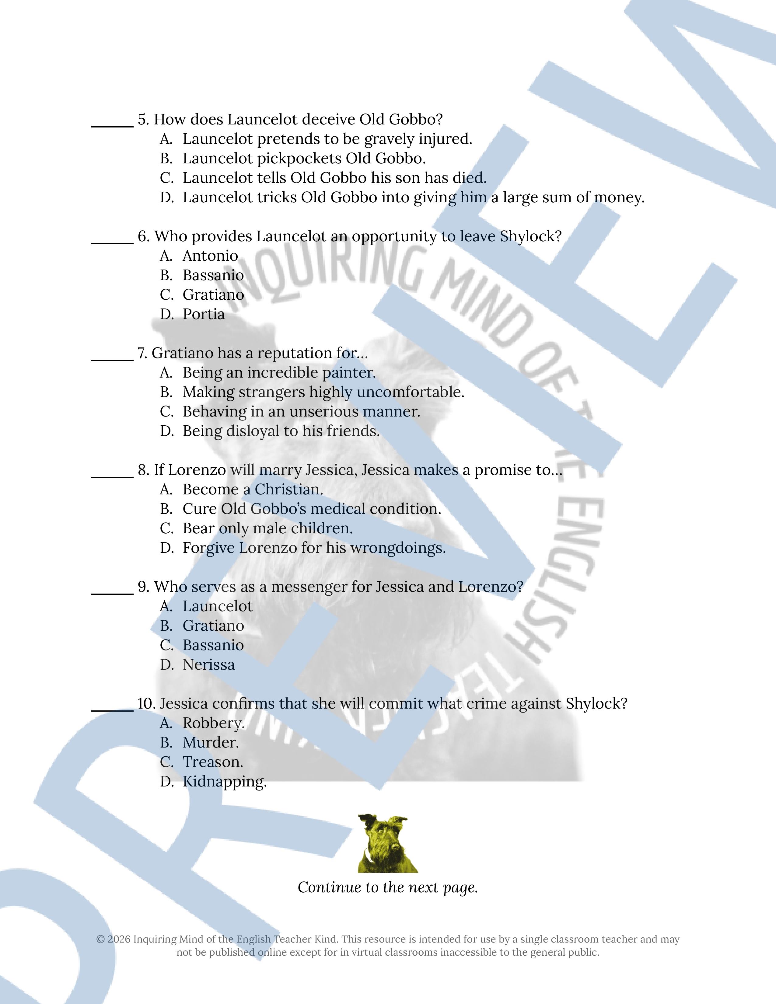 Shakespeare's The Merchant of Venice Act 2 Quiz and Answer Key ...