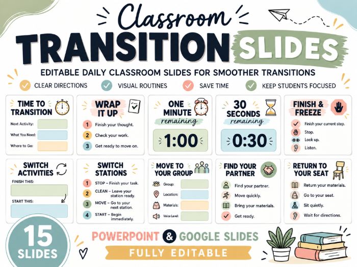 Classroom Transition Slides | 15 Editable Templates