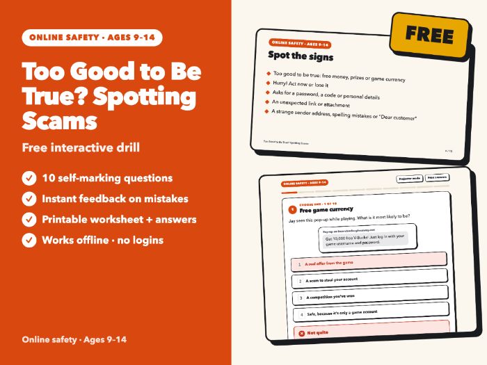 Spotting Scams: Free Online Safety Scenario Drill | Ages 9-14 | Safer Internet Day | No Login
