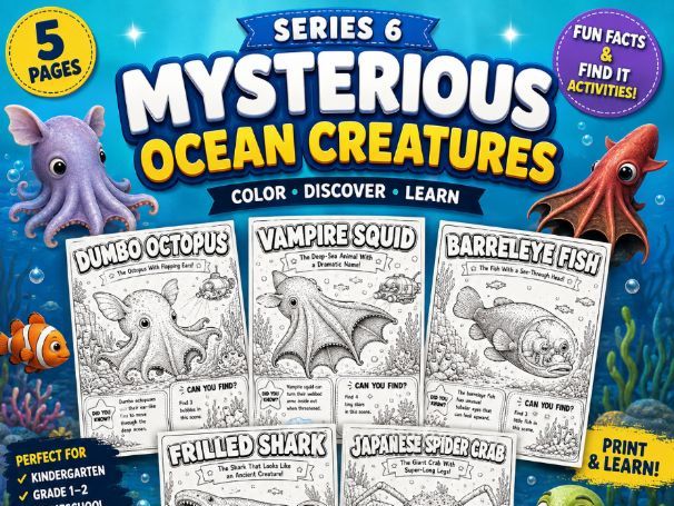 Mysterious Ocean Creatures — 5-Page Coloring & Discovery Pack(Preschool-Grade 2)