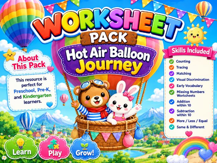 Hot Air Balloon Worksheets for Preschool & Kindergarten | Counting, Tracing, Math Activities