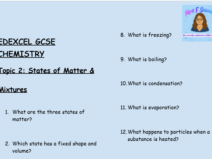 GCSE Edexcel Chemistry – States of Matter & Mixtures Worksheet (30 Questions + Answers)