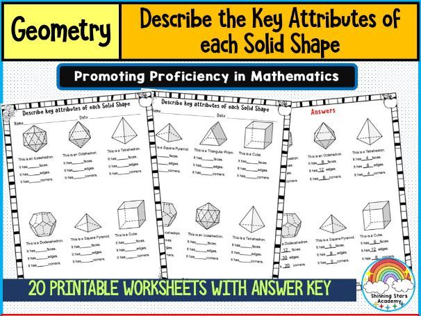 Describe Key Attributes of Each Solid Shape (Observe the Shape and Fill in the Blanks) Worksheets
