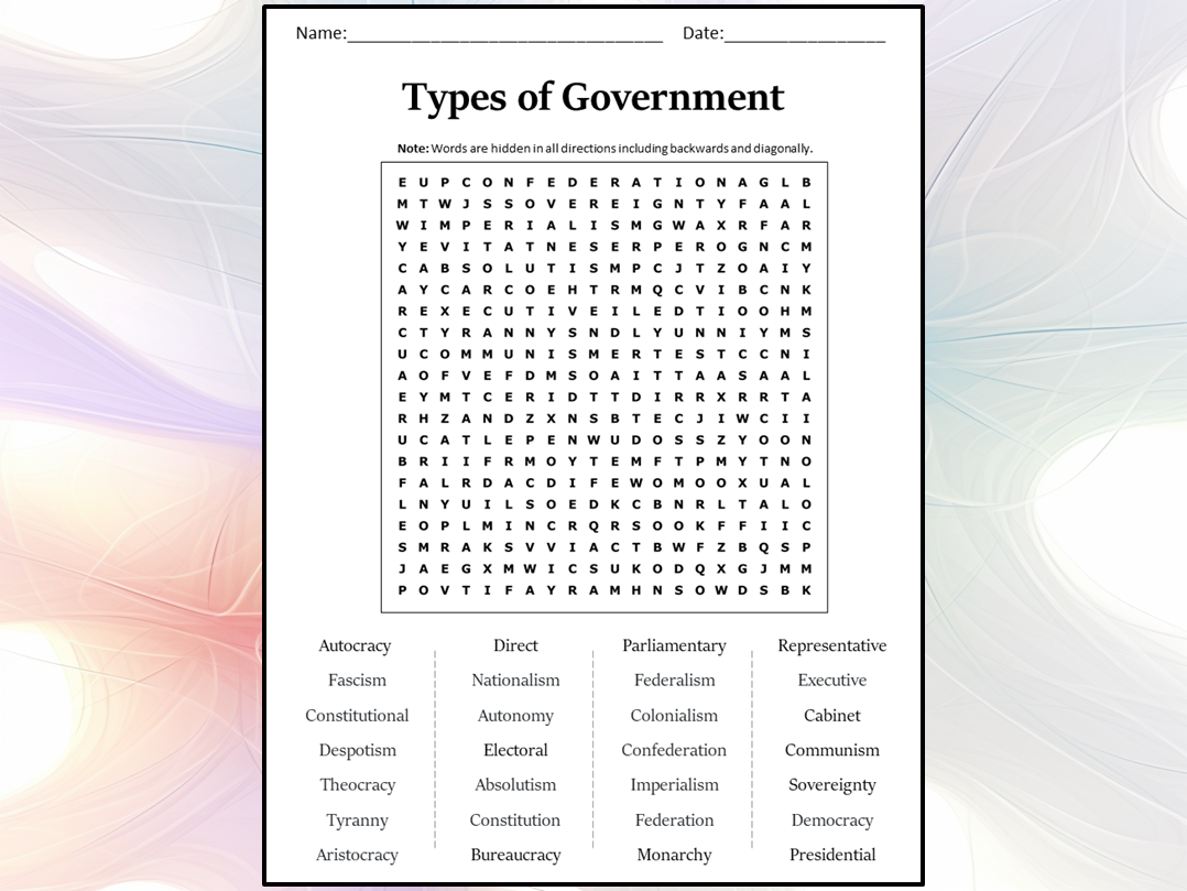 Types Of Government Word Search Puzzle Worksheet Activity Teaching
