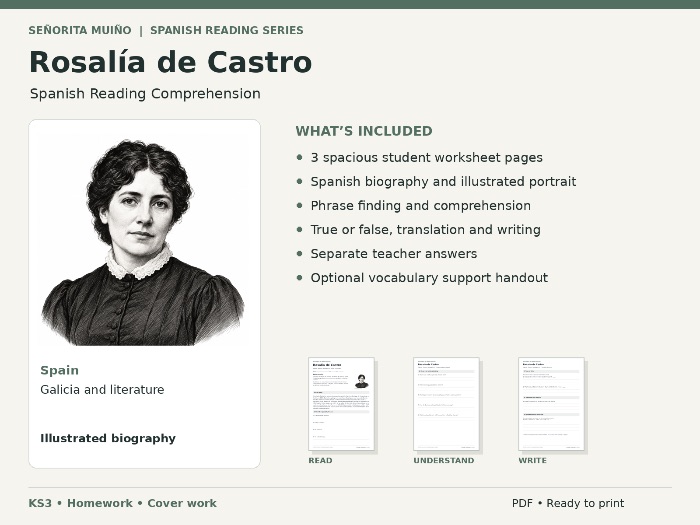 Rosalía de Castro | KS3 Spanish Reading Comprehension - Homework & Cover