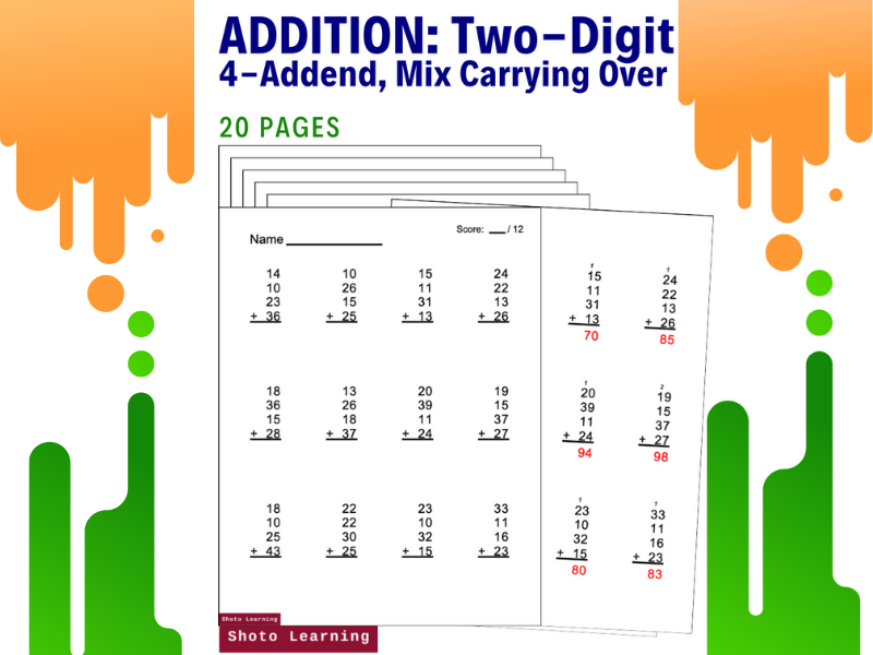 two digit addition worksheets 4 addend vertical math practice problems 20 pages teaching resources