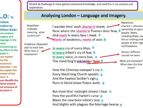 GCSE WJEC/Eduqas English Literature. Poetry- London William Blake Analysis lesson