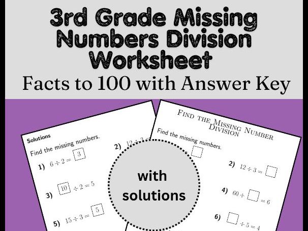 3rd Grade Missing Numbers Division Worksheet | Facts to 100 with Answer Key