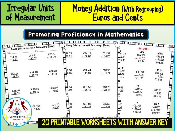 Money Subtraction with Borrowing | Euros and Cents | Worksheets Practice Activity