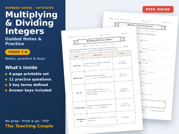 Multiplying & Dividing Integers Sketch Notes & Practice + Answer Keys