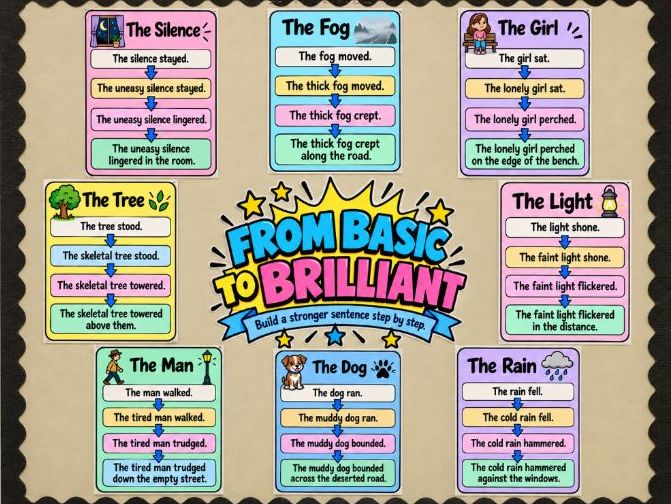 GCSE Creative Writing Sentence Building Display - From Basic to Brilliant - KS3 KS4 English