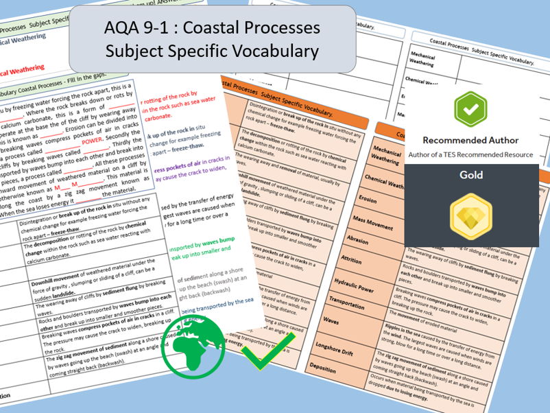 AQA 9-1 GCSE Geography - Coastal Landscapes - Processes. Vocabulary Revision Activity Sheets.