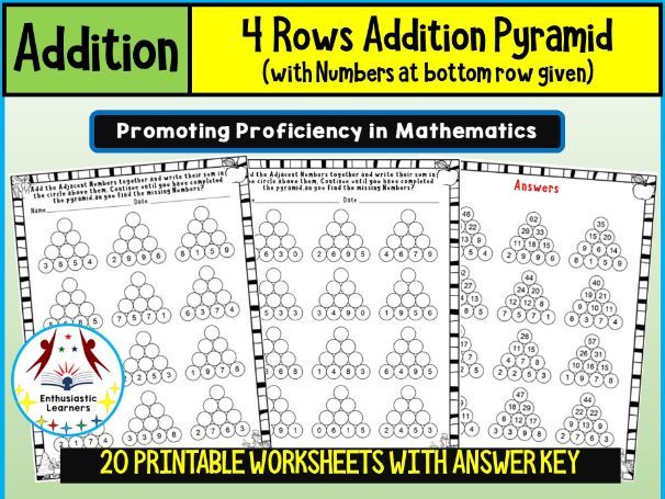 4-Row Addition Pyramid with Bottom Row Given Worksheets – Practice Activity
