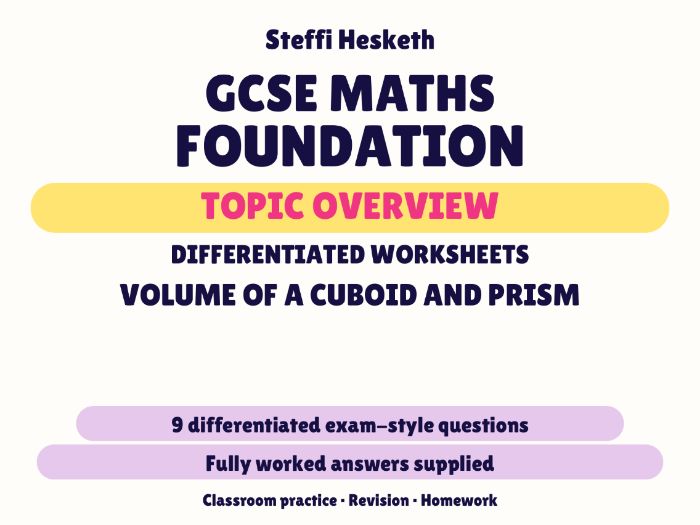 GCSE Foundation Volume of a Cuboid and Prism | Topic Overview Differentiated Worksheet
