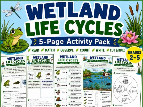 Wetland Life Cycles |Wetland Science Activities|Life Cycle Worksheets(Grade 2-5)