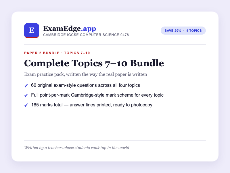 Cambridge IGCSE Computer Science 0478 Paper 2 Complete Topics Bundle (Topics 7–10) | 60 Exam-Style Questions + Full Mark Schemes