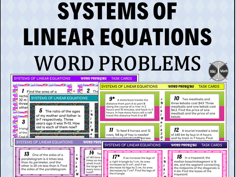 Systems of Linear Equations Word Problems - 20 Digital Task Cards