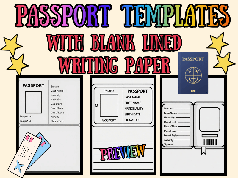 Blank Passport Templates + Lined Writing Paper | NO PREP Printable Photo ID Pack