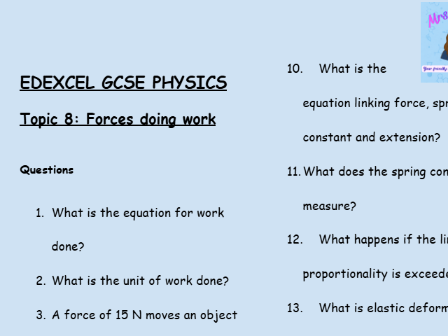 GCSE Edexcel Physics Topic 8: Energy – Forces Doing Work Revision Worksheet