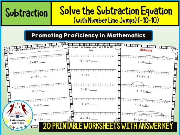 Solve the Subtraction Equation by Using Negative Number Line Jumps (-10 to 10) – Worksheets Practice