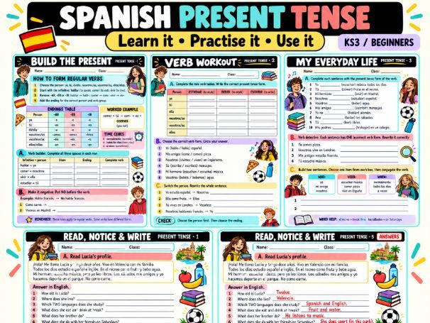 Spanish Present Tense Worksheets | Regular & Key Irregular Verbs | KS3 | Answers Included