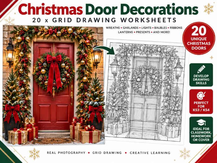 Christmas Door Decorations Grid Drawing Worksheets | 20 Festive Art Activities | KS3 KS4