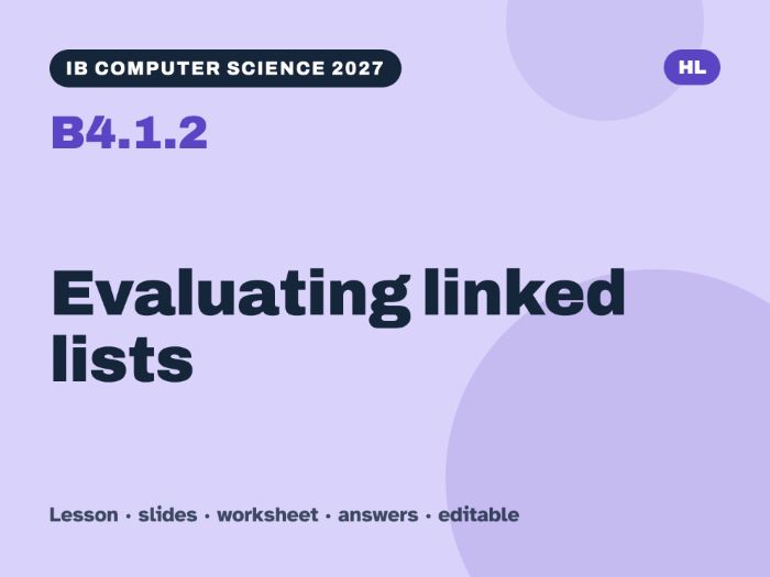 IB Computer Science 2027 – B4.1.2 Evaluating linked lists – Lesson & Worksheet