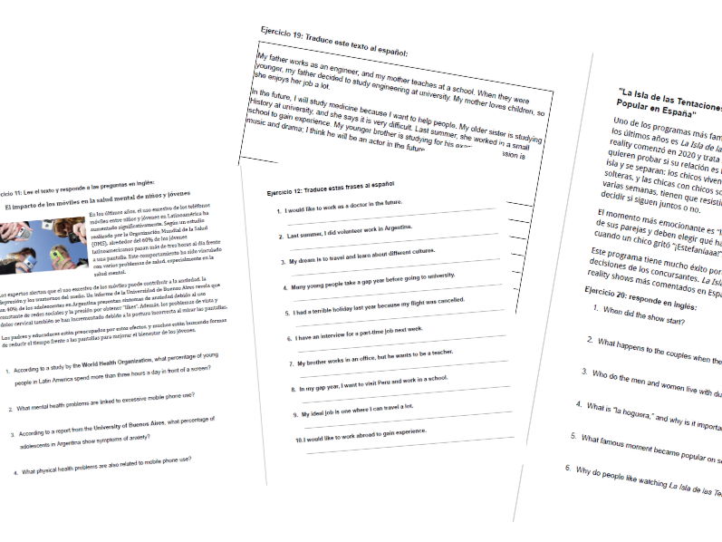 GCSE Spanish GCSE  Vocab, Reading and Translation BOOKLET with ANSWERS  F+ H