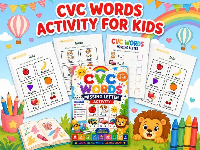 CVC words worksheets, Missing letters activities.