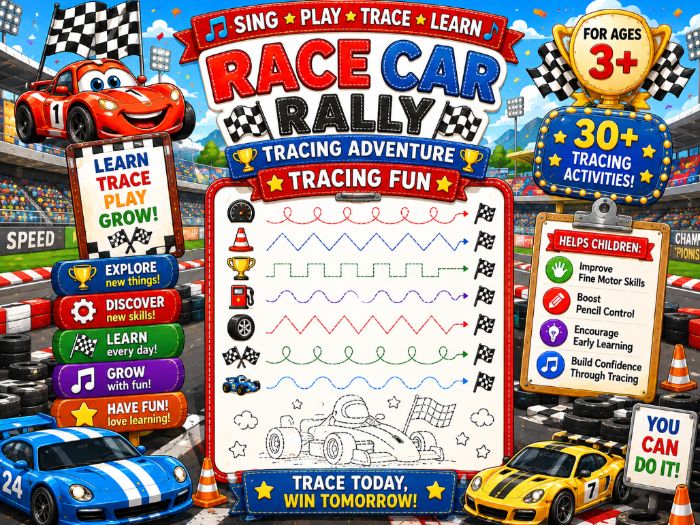 Race Car Tracing Worksheets | Fine Motor Skills, Pencil Control & Pre-Writing | Preschool–Grade 1