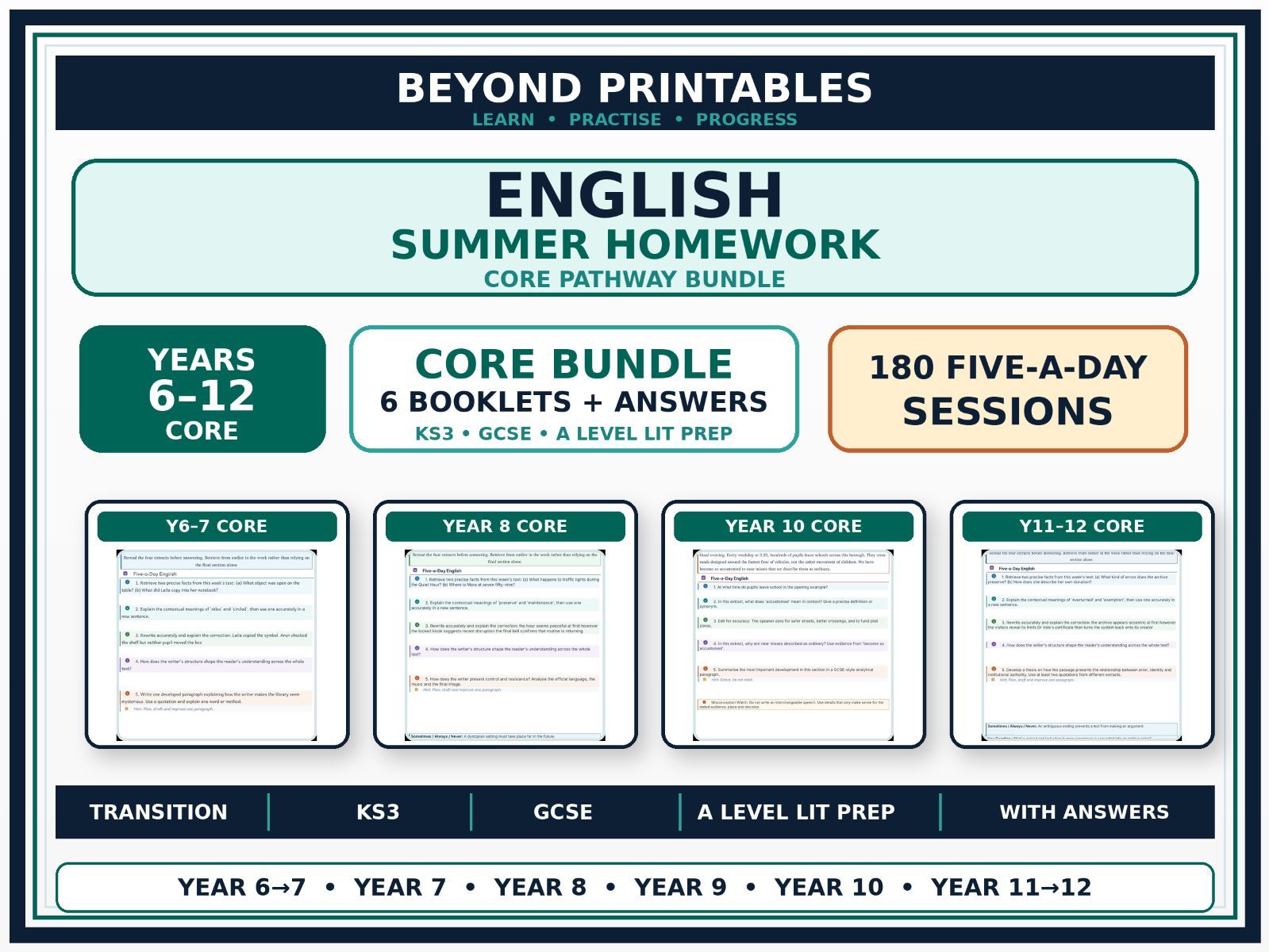 English Summer Homework Core Bundle Years 6–12 | 180 Five-a-Day Sessions with Answers