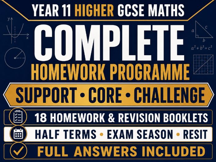 Year 11 Higher GCSE Maths Homework – Support, Core & Challenge – 18 Booklets