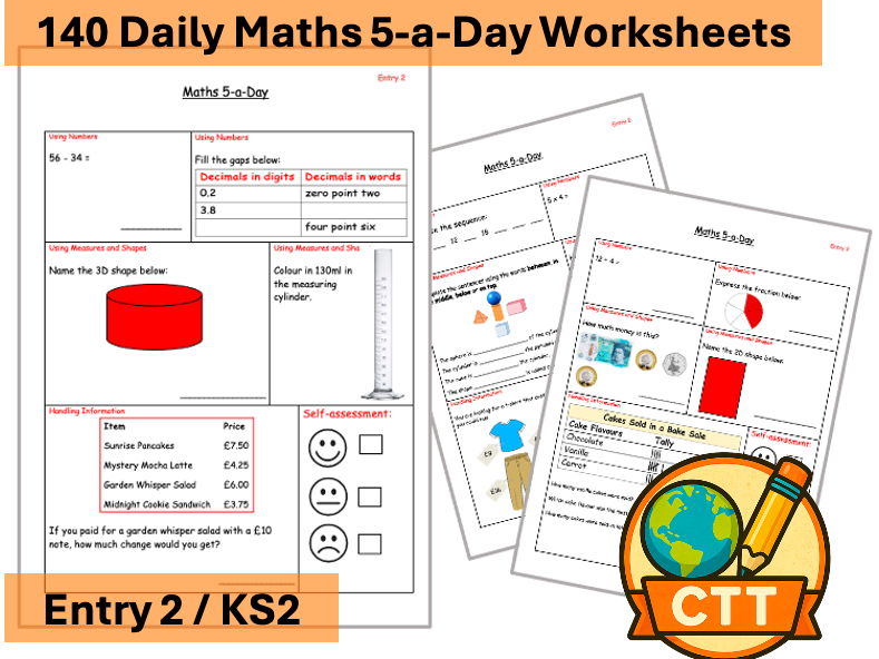 140 Maths 5-a-Day Worksheets: Entry 2 / KS2 - Retrieval Practice Pack