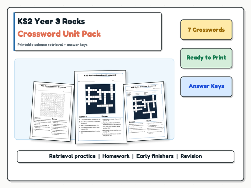 KS2 Year 3 Rocks Crossword Unit Pack | 7 Printable Science Crosswords + Answer Keys