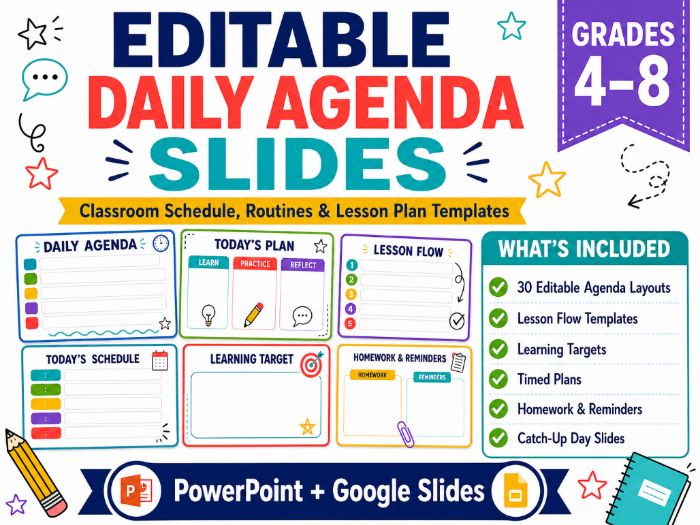 30 Editable Daily Agenda Slides for Classroom Schedule