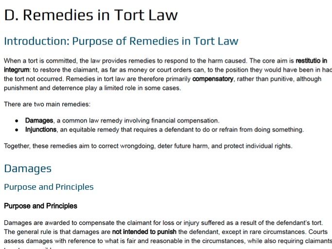Remedies in Tort Law Revision Booklet - A-Level Law (WJEC/AQA/OCR)